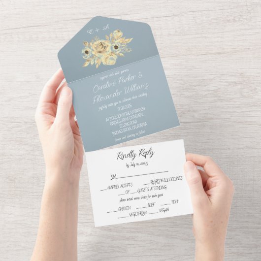 Invitation Tout En Un Bleu Duché Élégant Rustique Floral Unique Tout En  (Déchirure)