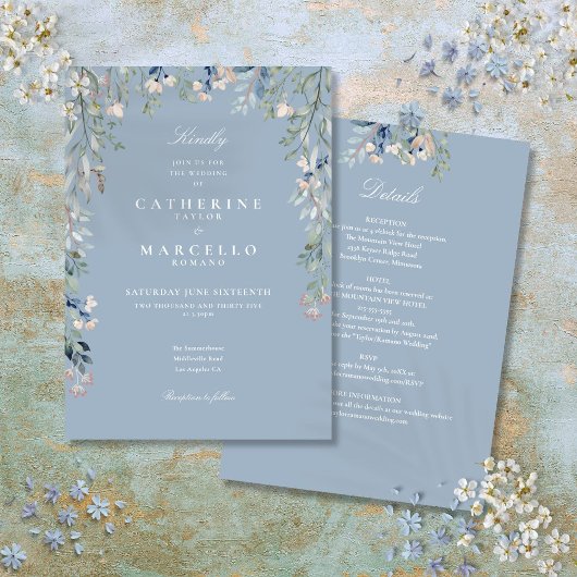 Invitation Tout en un bleu Dusty Fleur sauvage Mariage Floral