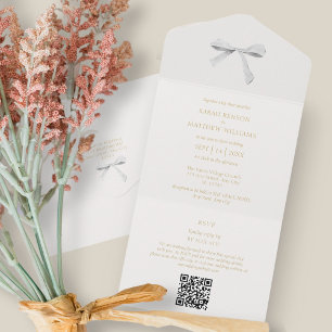 Invitation Tout En Un Bleu et blanc Mariage de ruban blanc OU