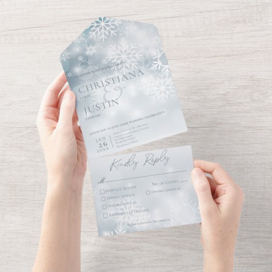 Invitation Tout En Un Bleu et blanc Neige d'hiver Moderne Trois Dîners (Déchirure)