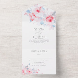 Invitation Tout En Un Bleu et rose élégant Mariage floral