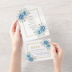 Invitation Tout En Un Bleu, fleurs d'aquarelle menthe or mariage