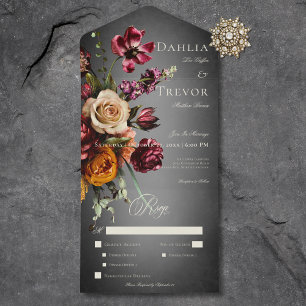Invitation Tout En Un Bleu foncé élégant Automne Floral Mariage Dîner