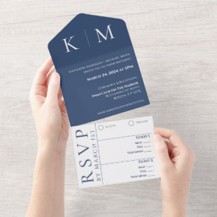 Invitation Tout En Un Bleu foncé et blanc-moderne-Monogramme-Mariage-