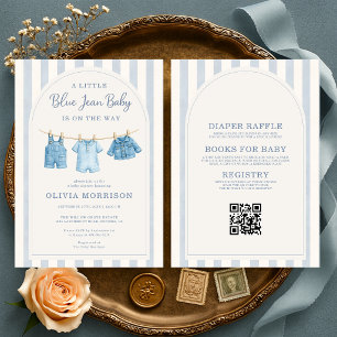 Invitation Tout en Un Bleu Jean Baby Rayures Baby Shower 