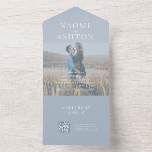 Invitation Tout En Un Bleu | Mariage de superposition brossé (À l'intérieur)