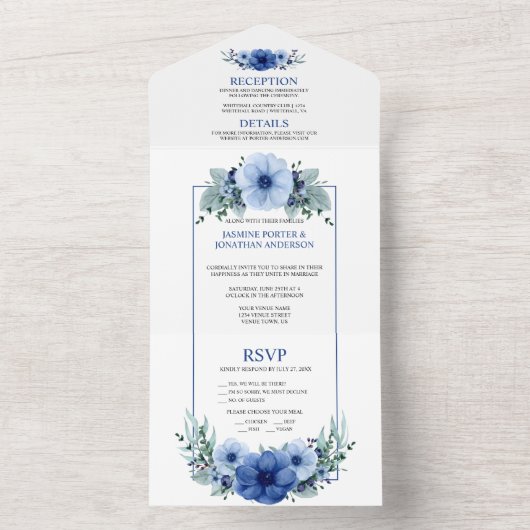 Invitation Tout En Un Bleu marine, bleu clair Anémone Floral | (À l'intérieur)