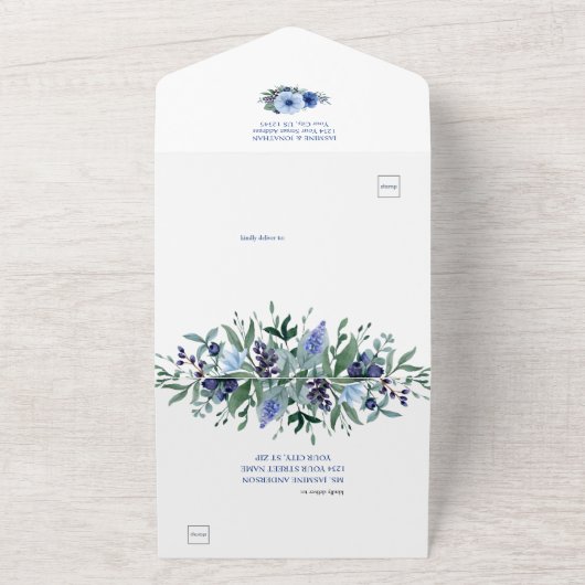 Invitation Tout En Un Bleu marine, Fleurs d'anémone bleu clair | (Dehors)