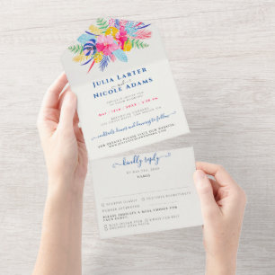 Invitation Tout En Un Bleu marine Rose sauvage Forêt tropicale Vert éter