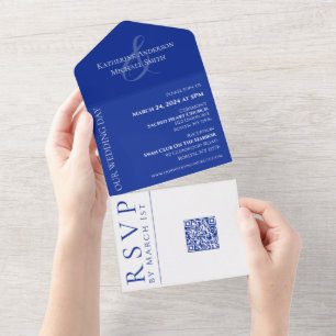 Invitation Tout En Un Bleu moderne et Mariage blanc-