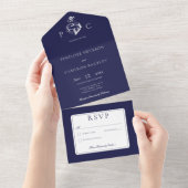 Invitation Tout En Un Bleu Nautique & Blanc Moderne Sans Dîner (Déchirure)