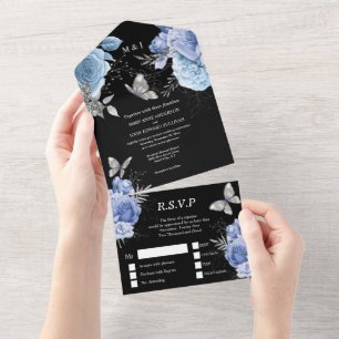 Invitation Tout En Un Bleu noir glamour papillon rose floral chic