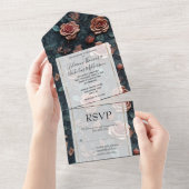 Invitation Tout En Un Bleu or rose jolie Roses (Déchirure)