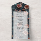 Invitation Tout En Un Bleu or rose jolie Roses (À l'intérieur)