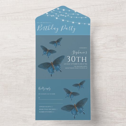 Invitation Tout En Un Bleu Papillon Anniversaire Tout en un (À l'intérieur)