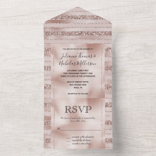 Invitation Tout En Un Bleu Parties scintillant rose rayures (À l'intérieur)