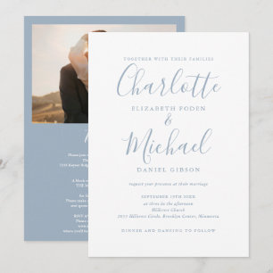 Invitation Tout En Un Bleu Poussiéreux Chic Script Photo Mari