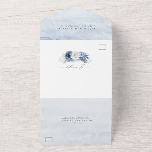 Invitation Tout En Un Bleu poussiéreux et fleurs de marine Élégant Maria (Dehors)