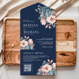 Invitation Tout En Un Bleu poussiéreux et rose floral Code QR Mariage ma