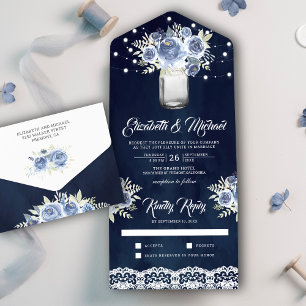 Invitation Tout En Un Bleu Poussiéreux Fleurs Dentelle Pot Mariage Bleu