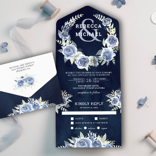 Invitation Tout En Un Bleu Poussiéreux Guirlande de Rose Fleurie Bleu de