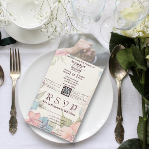 Invitation Tout En Un Bleu rose Vert Floral QR Code photo