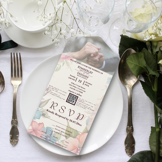 Invitation Tout En Un Bleu rose Vert Floral QR Code photo