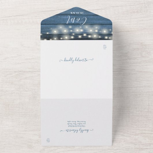 Invitation Tout En Un Bleu Rustique Barne Bois Chaîne Mariage (Dehors)