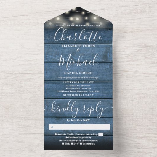 Invitation Tout En Un Bleu Rustique Barne Bois Chaîne Mariage (À l'intérieur)