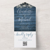 Invitation Tout En Un Bleu Rustique Bois Éclairage QR Code Mariage (À l'intérieur)