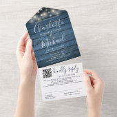 Invitation Tout En Un Bleu Rustique Bois Éclairage QR Code Mariage (Déchirure)