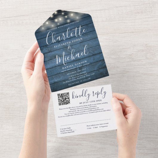 Invitation Tout En Un Bleu Rustique Bois Éclairage QR Code Mariage (Déchirure)