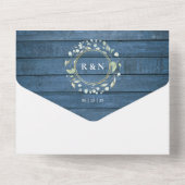 Invitation Tout En Un Bleu Rustique Bois Monogramme Vert Mariage Floral (Verso)