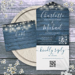 Invitation Tout En Un Bleu Rustique Bois QR Code Mason Jars Lumières Mar<br><div class="desc">Le tout dans un faire-part de mariage avec de jolies lampes à cordes,  des jarres de maçon,  des noms de style signature et une typographie chic sur un arrière - plan en bois rustique bleu. L'invitation comprend une carte RSVP perforée avec un code QR. Conçu par Thisisnotme©</div>