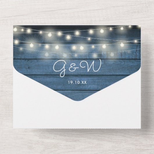 Invitation Tout En Un Bleu Rustique Chaîne Lumières Monogramme Mariage p (Verso)