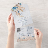Invitation Tout En Un Bleu rustique Corbeilles et Blé Bleu QR Code (Déchirure)