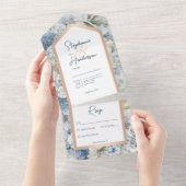 Invitation Tout En Un Bleu Rustique Floral & Or Rose Pas de dîner (Déchirure)