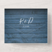 Invitation Tout En Un Bleu Rustique Grange Bois QR Code Floral Mariage (Verso)