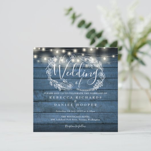 Invitation Tout en un bleu Rustique String Mariage Carré (Debout devant)