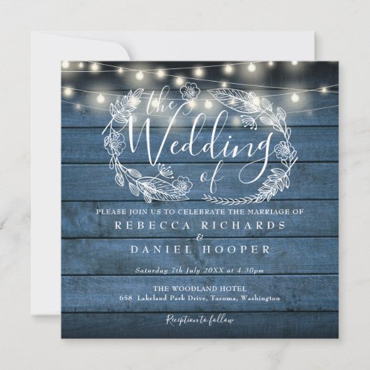 Invitation Tout en un bleu Rustique String Mariage Carré (Devant)