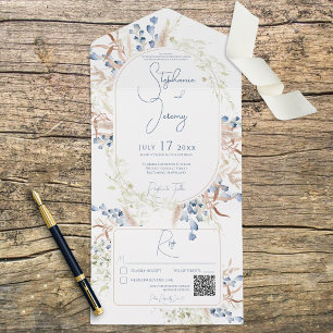 Invitation Tout En Un Bleu & Tan Séché Boho Fleurs Blanc QR Code
