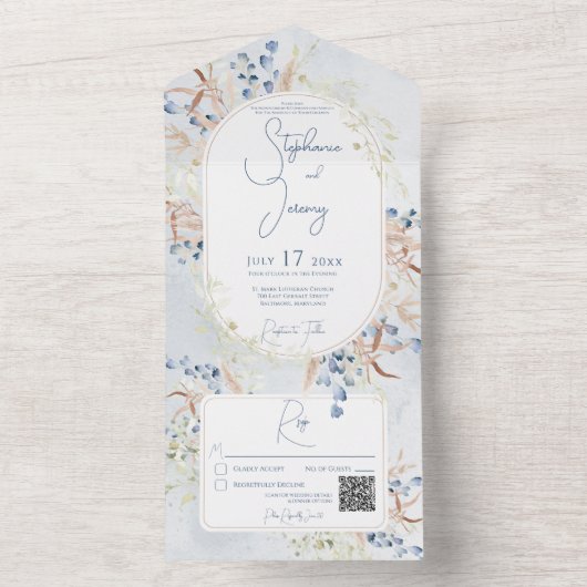 Invitation Tout En Un Bleu & Tan Séché Boho Fleurs Bleu QR Code (À l'intérieur)