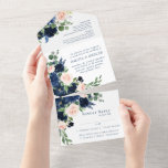 Invitation Tout En Un Blooms Chics | Romantic Navy Blue and Blush Entree<br><div class="desc">Un thème romantique peint à la main avec un bouquet floral bleu marine et rose vif agrémenté de laurier botanique et d'accents bleu foncé. De la collection "Boho Bloom", cette disposition incorpore un riche bouquet fleur sauvage bohème avec des fleurs éclatantes et des feuilles de verdure d'eucalyptus. Pour d'autres couleurs,...</div>