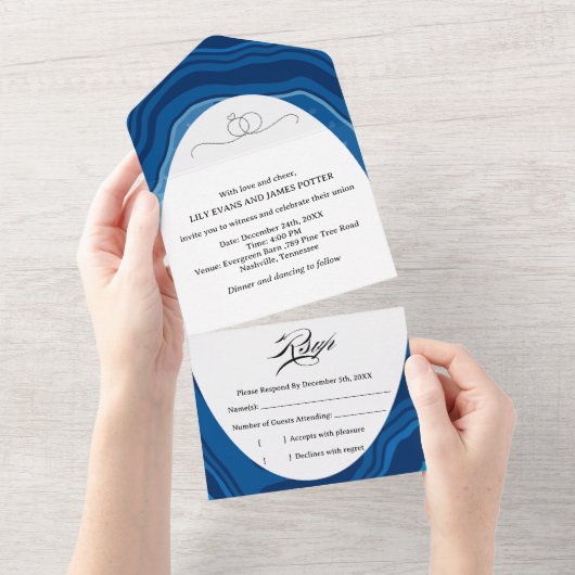 Invitation Tout En Un Blue Agate Sliced Wedding (Déchirure)