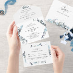 Invitation Tout En Un Blue Floral Wedding with Perforated RSVP<br><div class="desc">Elegant All- in- One tri- fold wedding invitation with perforated RSVP postcard. Exquisite blue watercolor floral encasing your details and modern hand written calligraphy elements. Environmentally friendly, as there is no need for extra insert cards, RSVP cards or even envelopes, this invitation has it all! Ability to add both Wedding...</div>