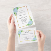 Invitation Tout En Un Blue Hydrangea Gold Border Mariage (Déchirure)