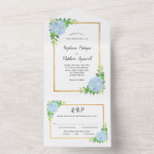 Invitation Tout En Un Blue Hydrangea Gold Border Mariage (À l'intérieur)