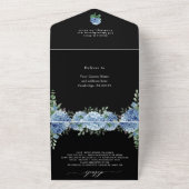 Invitation Tout En Un Blue Hydrangea Lantern Mariage noir code QR (Dehors)