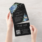 Invitation Tout En Un Blue Hydrangea Lantern Mariage noir code QR (Déchirure)