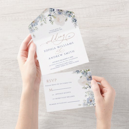 Invitation Tout En Un Blue Hydrangea & Mariage Rose (Déchirure)